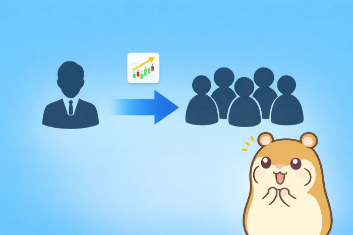 HFMコピートレードの基本的な仕組みを表す図解とハムスターキャラクター