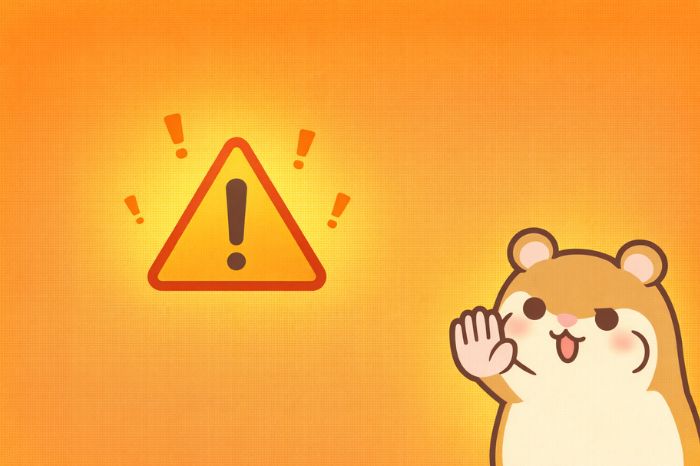 HFMコピートレードの注意点とデメリットを表す警告イメージとハムスターキャラクター
