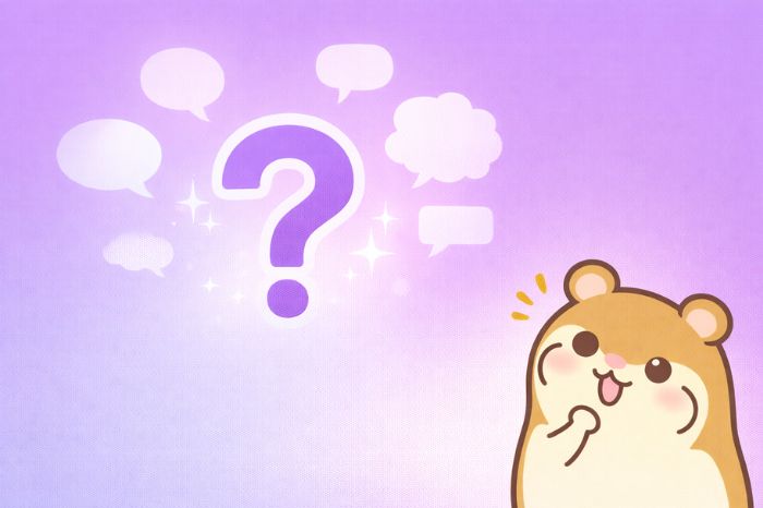 HFMコピートレードのよくある質問を表すクエスチョンマークとハムスターキャラクター