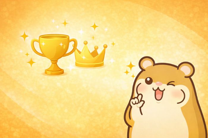 HFMコピートレードで成功するコツを表すトロフィーとハムスターキャラクター