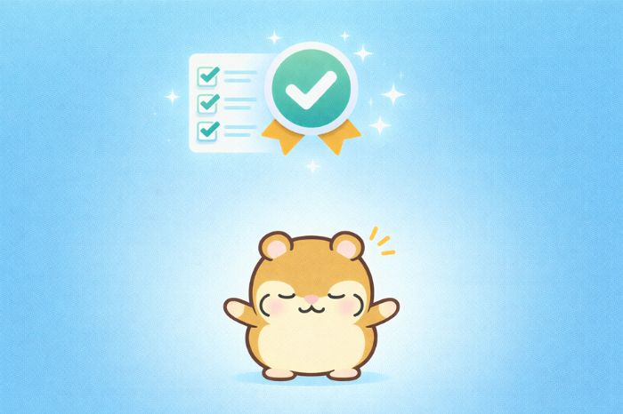 HFMコピートレード記事のまとめを表す完了イメージとハムスターキャラクター