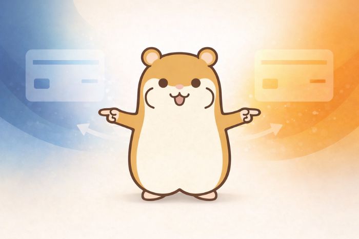 HFMの口座タイプを比較するハムスターキャラクター