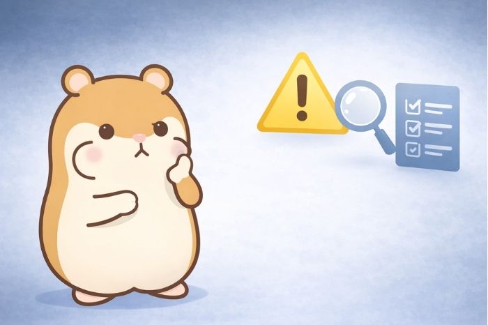 HFMスキャルピングの注意点を考えるハムスターと警告マーク