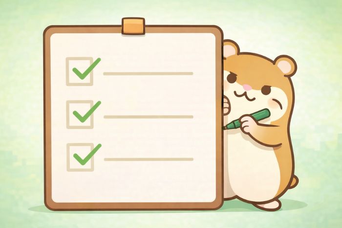 HFMで出金拒否を防ぐためのチェックリストを示すハムスターキャラクター