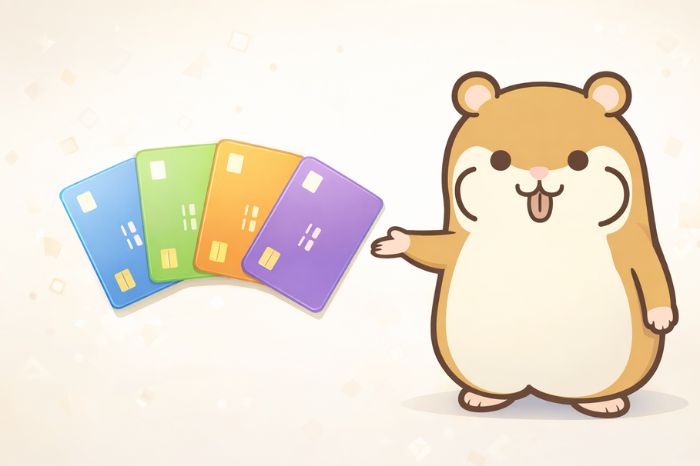 HFMとExnessの口座タイプの違いを色分けカードで紹介するハムスター