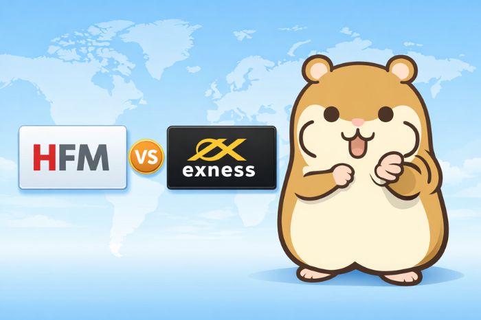 HFMとExnessの基本情報を比較するハムスターキャラクターと両社のロゴパネル