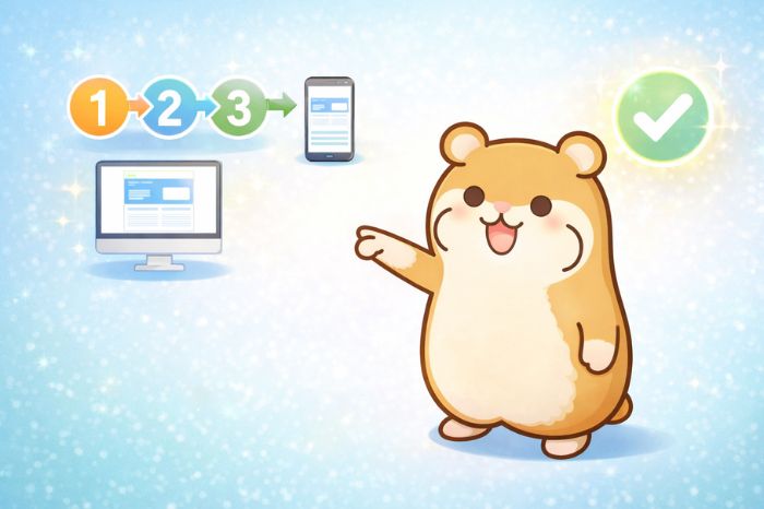 HFMでゴールド取引を始める手順を案内するハムスターのイラスト