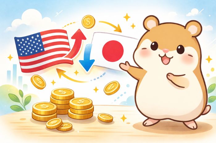 HFMのスワップポイントの仕組みを解説するハムスターキャラクター