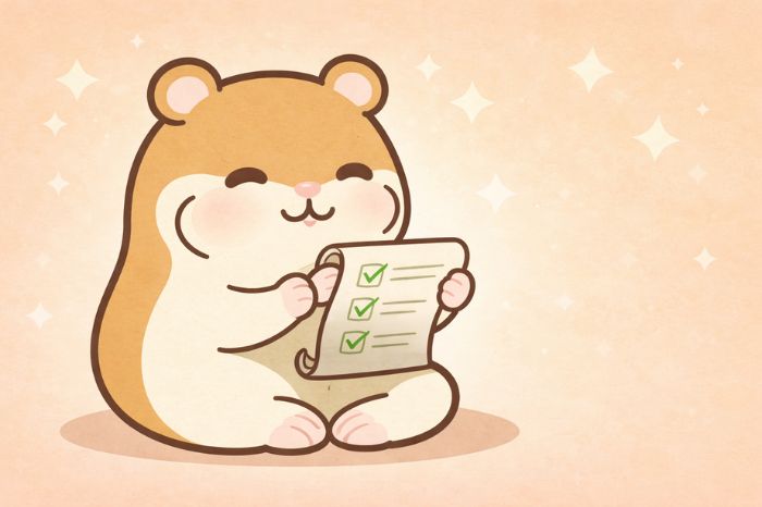 ハムスターがアーカイブ口座のまとめチェックリストを確認しているイラスト