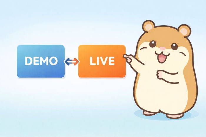 HFMのデモ口座とリアル口座の違いを比較するハムスター