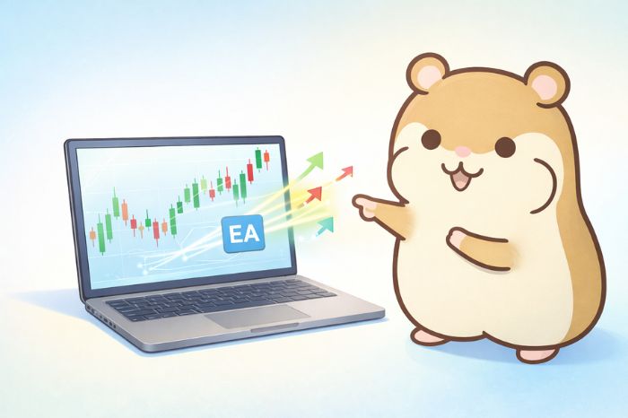 HFMの自動売買（EA）の仕組みを説明するハムスターキャラクター