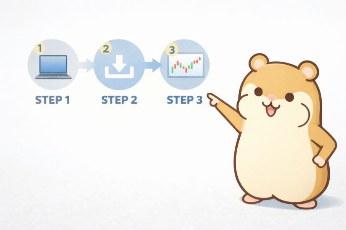 HFMへのEA導入手順をステップで解説するハムスターキャラクター