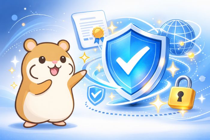 HFMの信頼性と安全性を盾アイコンとライセンス証書で表現したイラストとハムスターキャラクター
