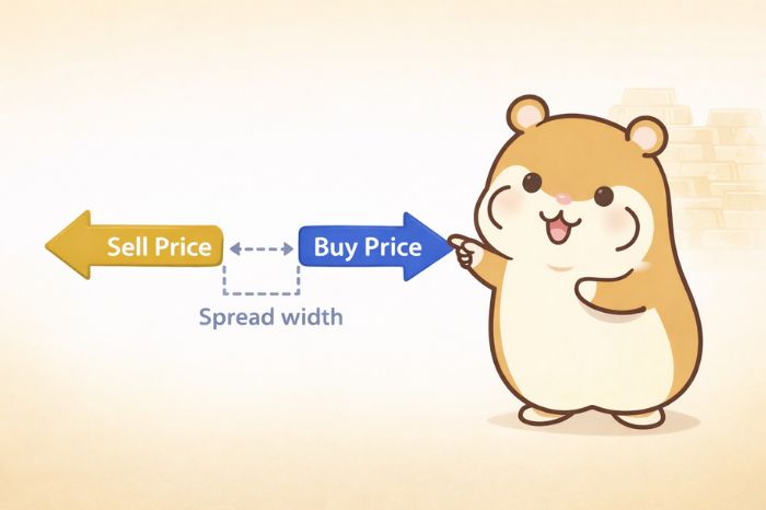 HFMのゴールド(XAUUSD)スプレッドの仕組みを説明するハムスターキャラクター