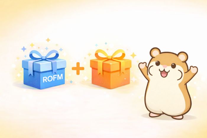 HFMのROFMと他キャンペーンの併用を2つのギフトボックスで表現したイラストとハムスターキャラクター