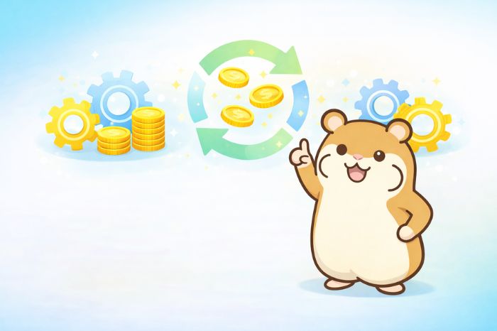 HFMのROFMを活用した資金効率の高め方をコインと歯車で表現したイラストとハムスターキャラクター