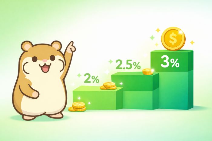 HFMのROFM還元率の3段階（年率2%・2.5%・3%）を示す階段グラフとハムスターキャラクター