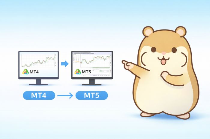 XMのMT5とMT4の違いを比較するハムスターキャラクター