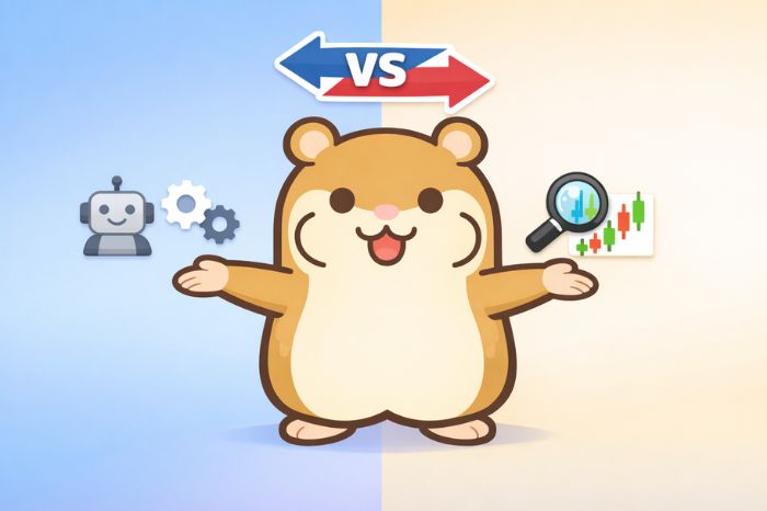 左右に両腕を広げてロボットとチャートを比較するハムスターキャラクター