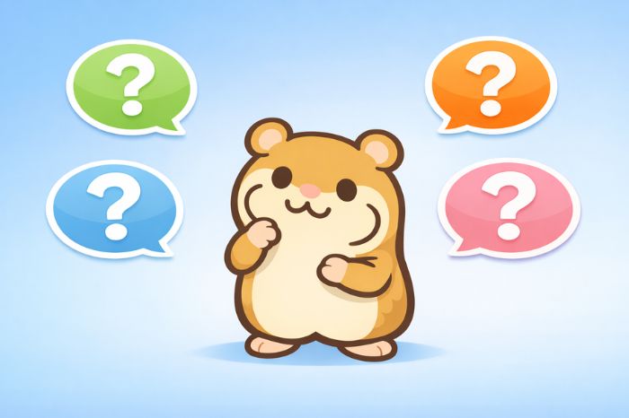 はてなマークの吹き出しに囲まれて首をかしげるハムスターキャラクター