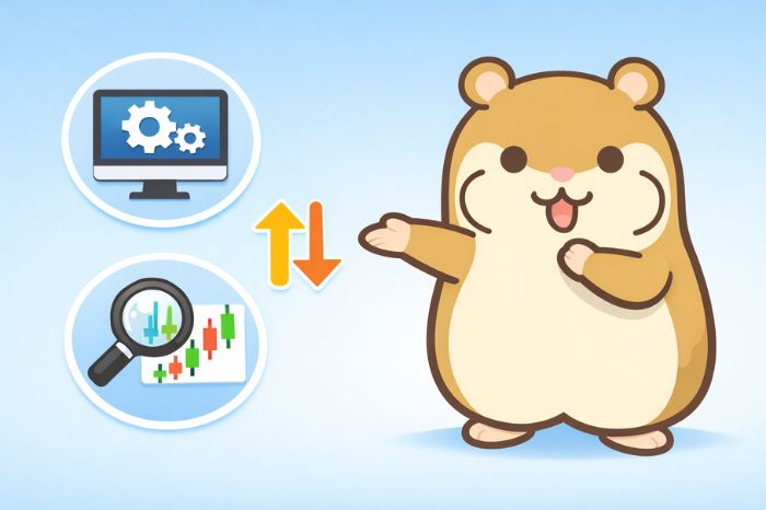 歯車アイコンとルーペアイコンを紹介するハムスターキャラクター