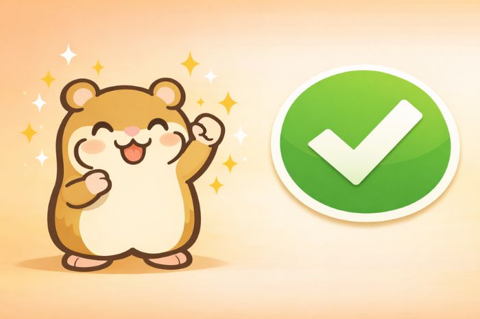チェックマークの横でガッツポーズをするハムスターキャラクター