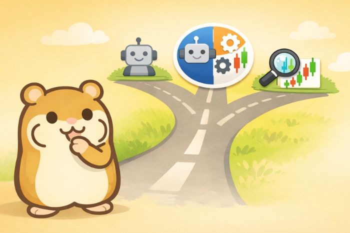 三方向に分かれた道の前で考え込むハムスターキャラクター