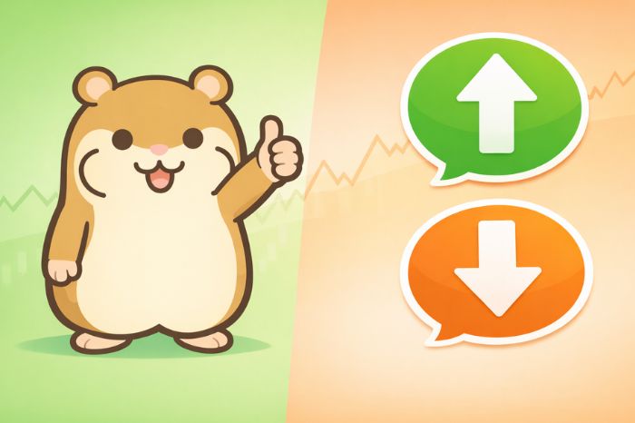 上向き矢印と下向き矢印の吹き出しの横に立つハムスターキャラクター