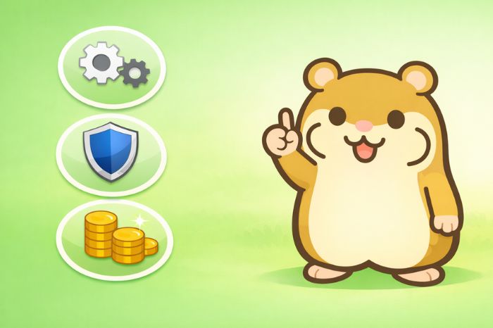 歯車・盾・コインのアイコンを指さすハムスターキャラクター