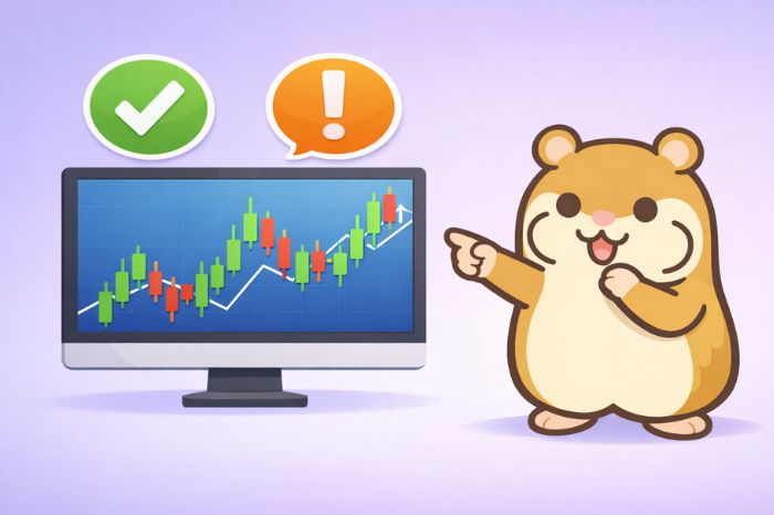 ローソク足チャートが表示されたモニターを指し示すハムスターキャラクター