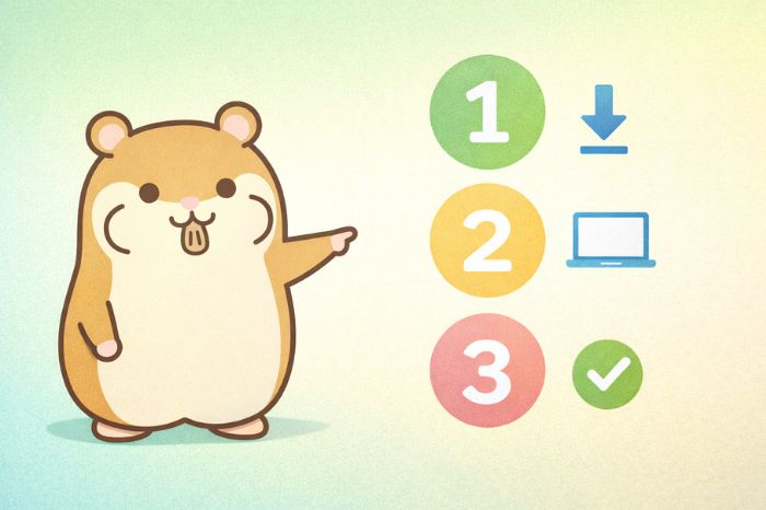 QuantAnalyzerのダウンロードとインストール手順を案内するハムスターキャラクター