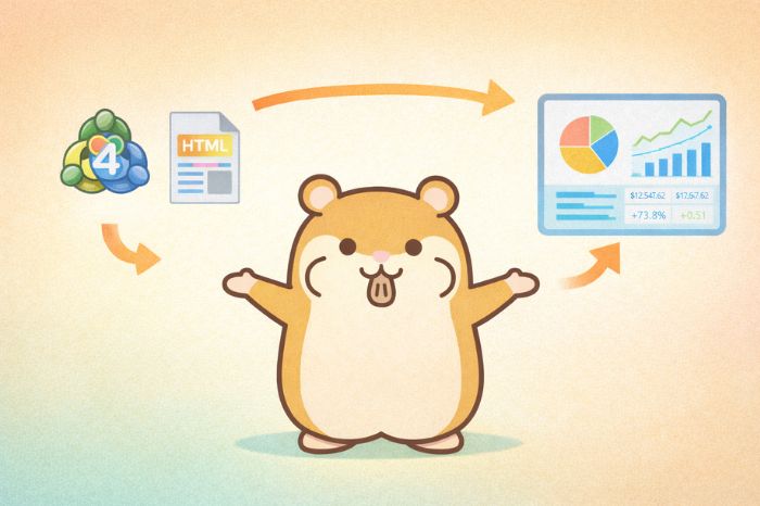 MT4バックテスト結果をQuantAnalyzerにロードして分析する流れを紹介するハムスターキャラクター