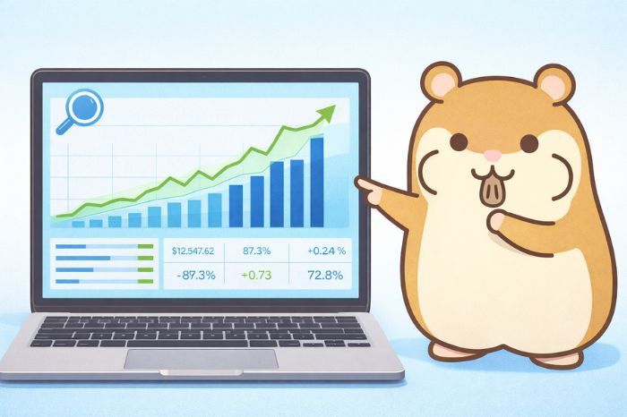 QuantAnalyzerの分析画面とEAバックテスト結果を確認するハムスターキャラクター