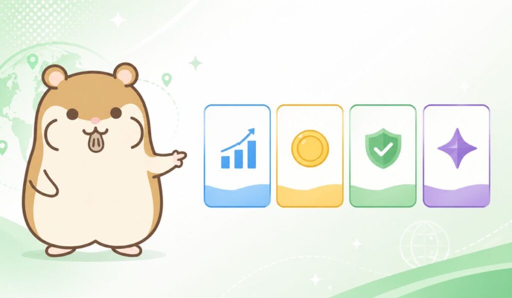 左側に立つハムスターと右側に横並びに配置された青・黄・緑・紫の4枚のカード