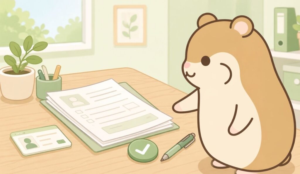 申込書類とチェックマーク、身分証明書が並ぶ机の前で書類を確認するハムスター