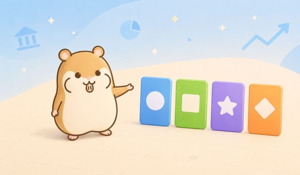 4色のカードが横一列に並んだ口座タイプを腕で示すハムスター