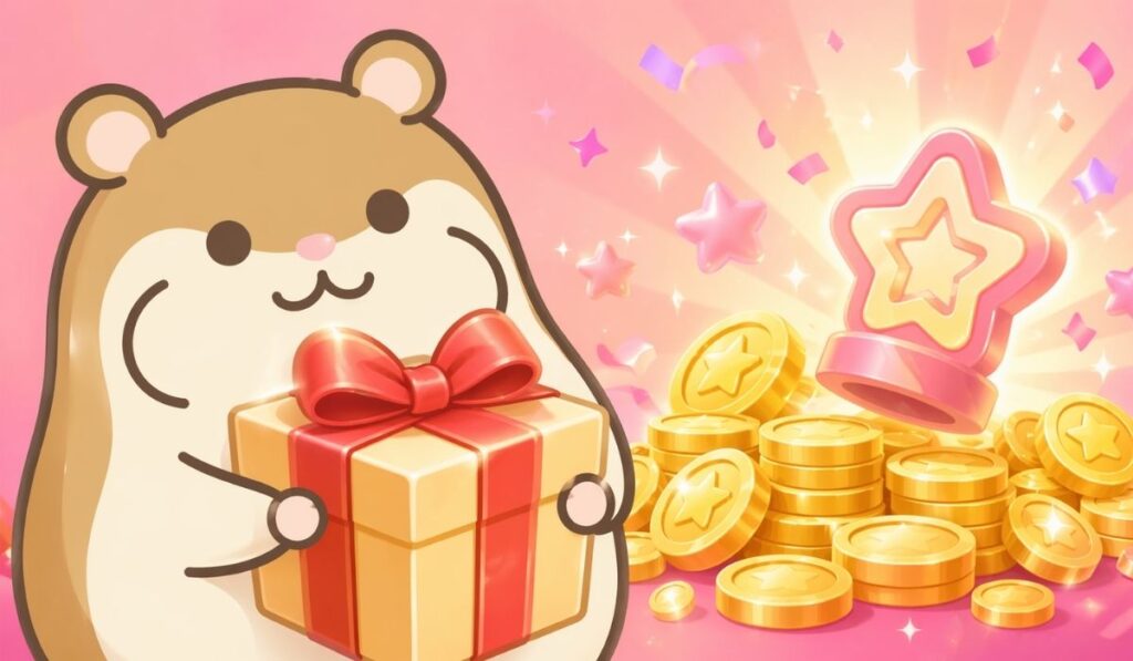 赤いリボンのプレゼント箱を両腕で抱きかかえ、金色のコインの山と星型スタンプに囲まれたハムスター