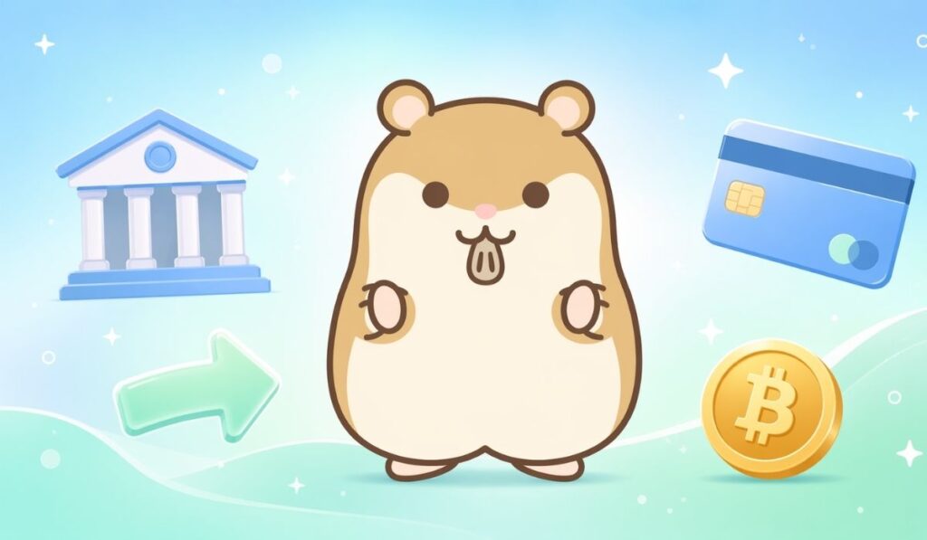 銀行ビルとクレジットカード、ビットコインのアイコンに囲まれて両腕を前に広げるハムスター
