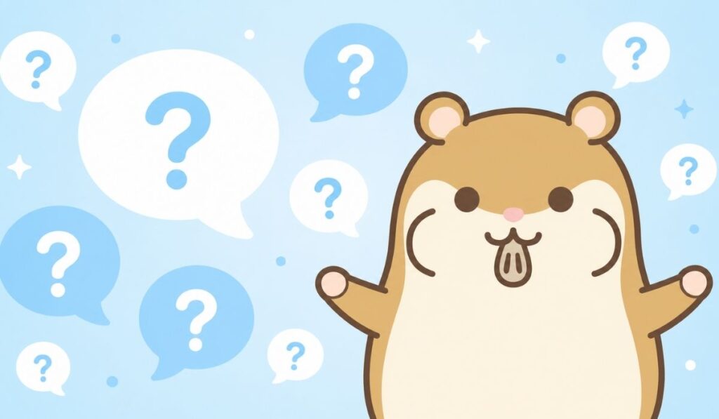 大小の吹き出しとクエスチョンマークに囲まれて両腕を体の左右に広げるハムスター