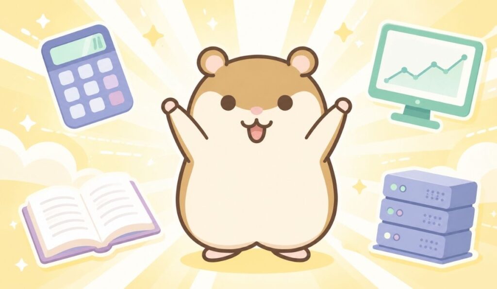 電卓・モニター・本・サーバーのアイコンに囲まれて両腕を上に広げ歓喜するハムスター