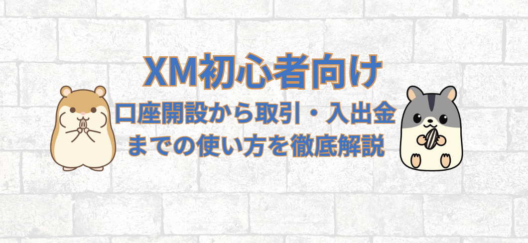レンガ調の壁を背景に、左右にハムスターのキャラクターが配置され、中央にXM初心者向けの記事タイトルが表示されたアイキャッチ画像