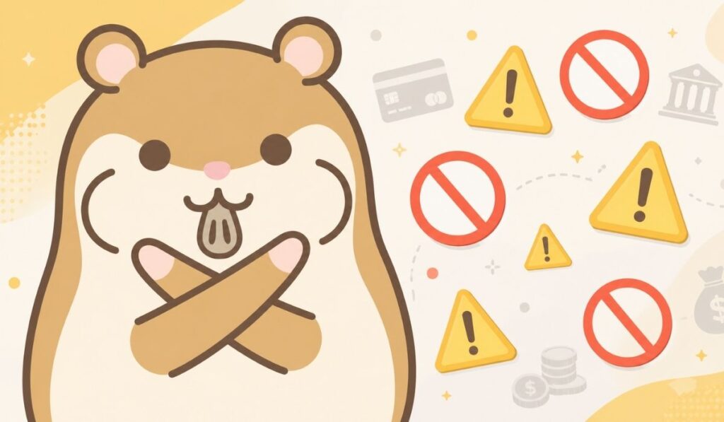 黄色の三角警告マークと赤い注意サインに囲まれて両腕で大きな×印を作るハムスター