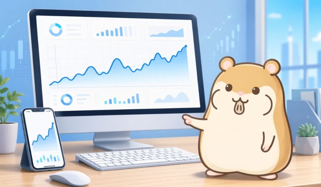 デスクトップPCのチャート画面とスマートフォンを前にキーボードへ手を伸ばすハムスター