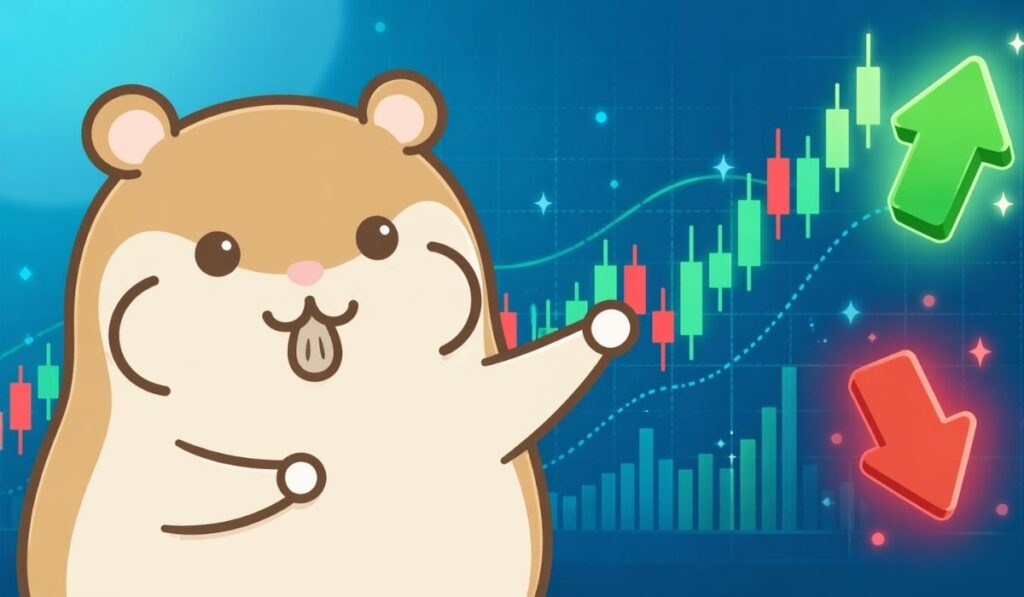 ローソク足チャートを背景に、緑の上向き矢印と赤の下向き矢印を両腕で示すハムスター
