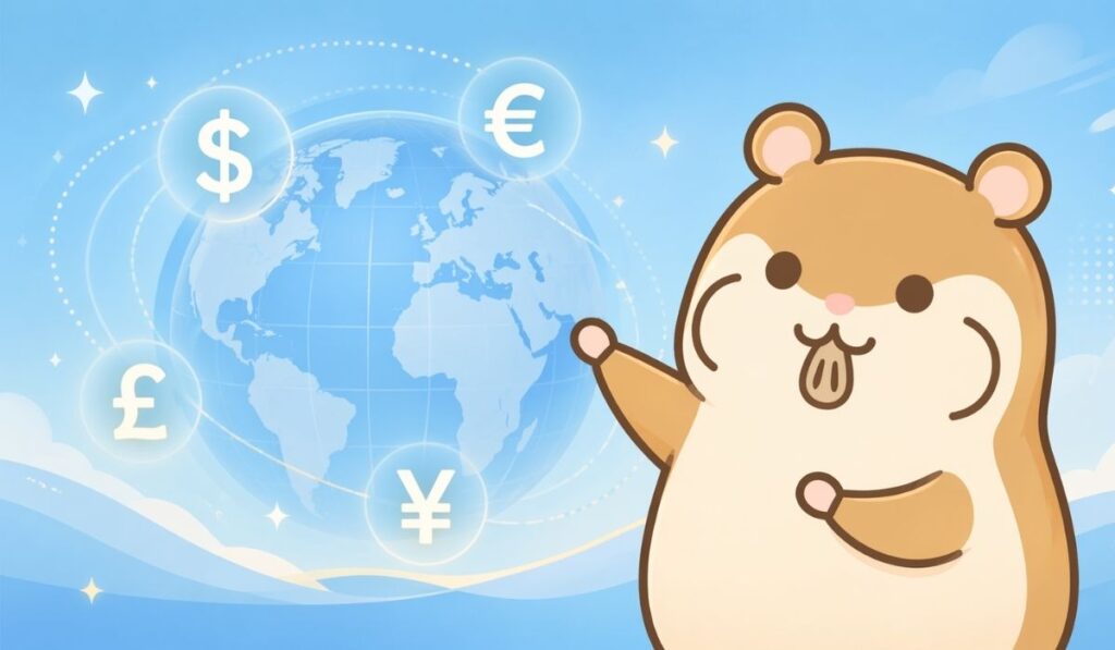 地球儀と各国の通貨記号を背景に、両腕を広げてグローバルな金融サービスを紹介するハムスター