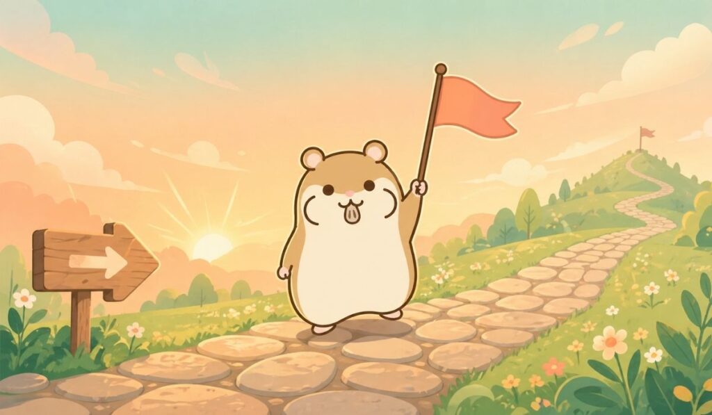 スタートラインの矢印とゴールの旗が見える道の中央で、旗を高く掲げて先導するハムスター