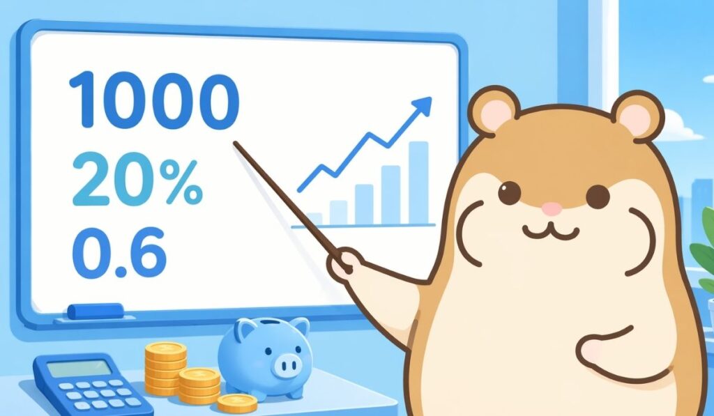 1000・20%・0.6などの数値と折れ線グラフが書かれたボードを指示棒で示すハムスター