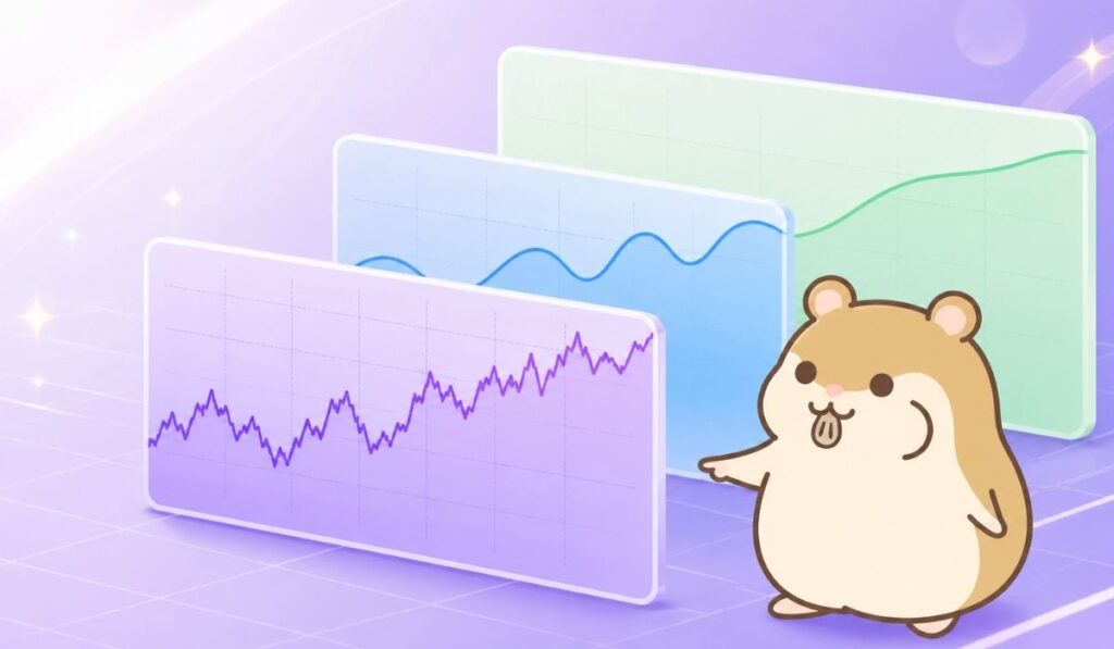 紫・青・緑の3種類のチャートを前に、奥行きのある波形を腕で示すハムスター