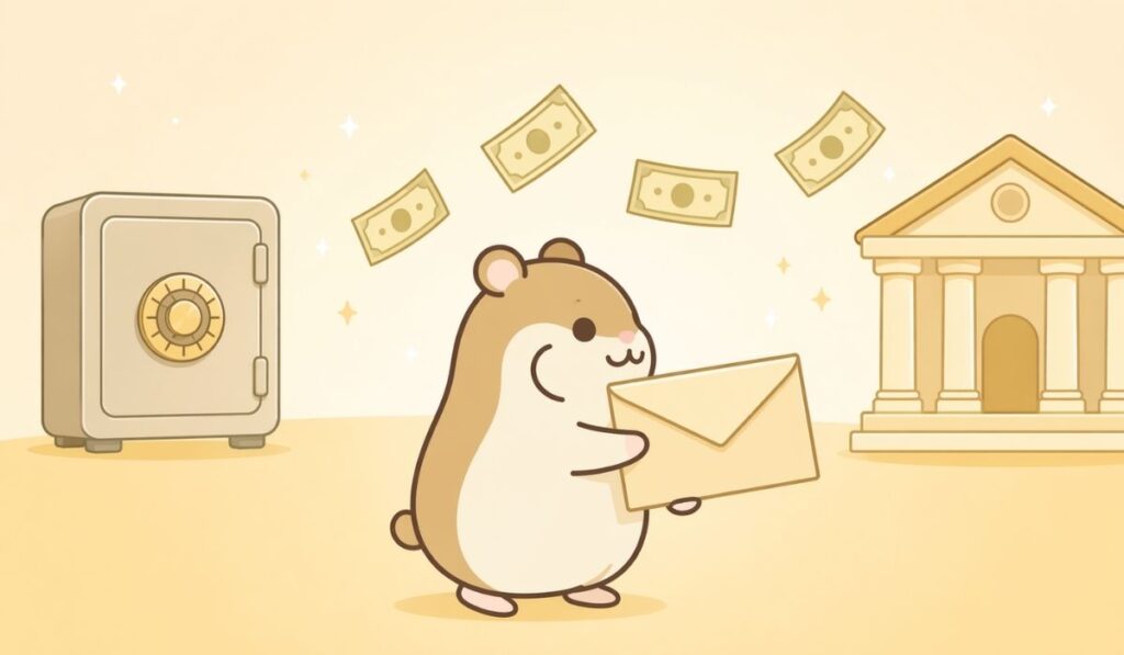 金庫から銀行へお札が流れる図の中で、両腕で封筒を運ぶハムスター