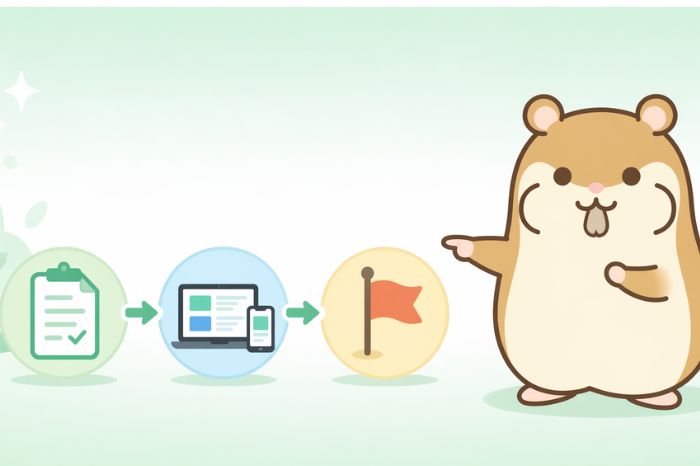 右側に立つハムスターが、左側に横並びで配置された3つのステップアイコンと矢印を案内するように指し示しているイラスト